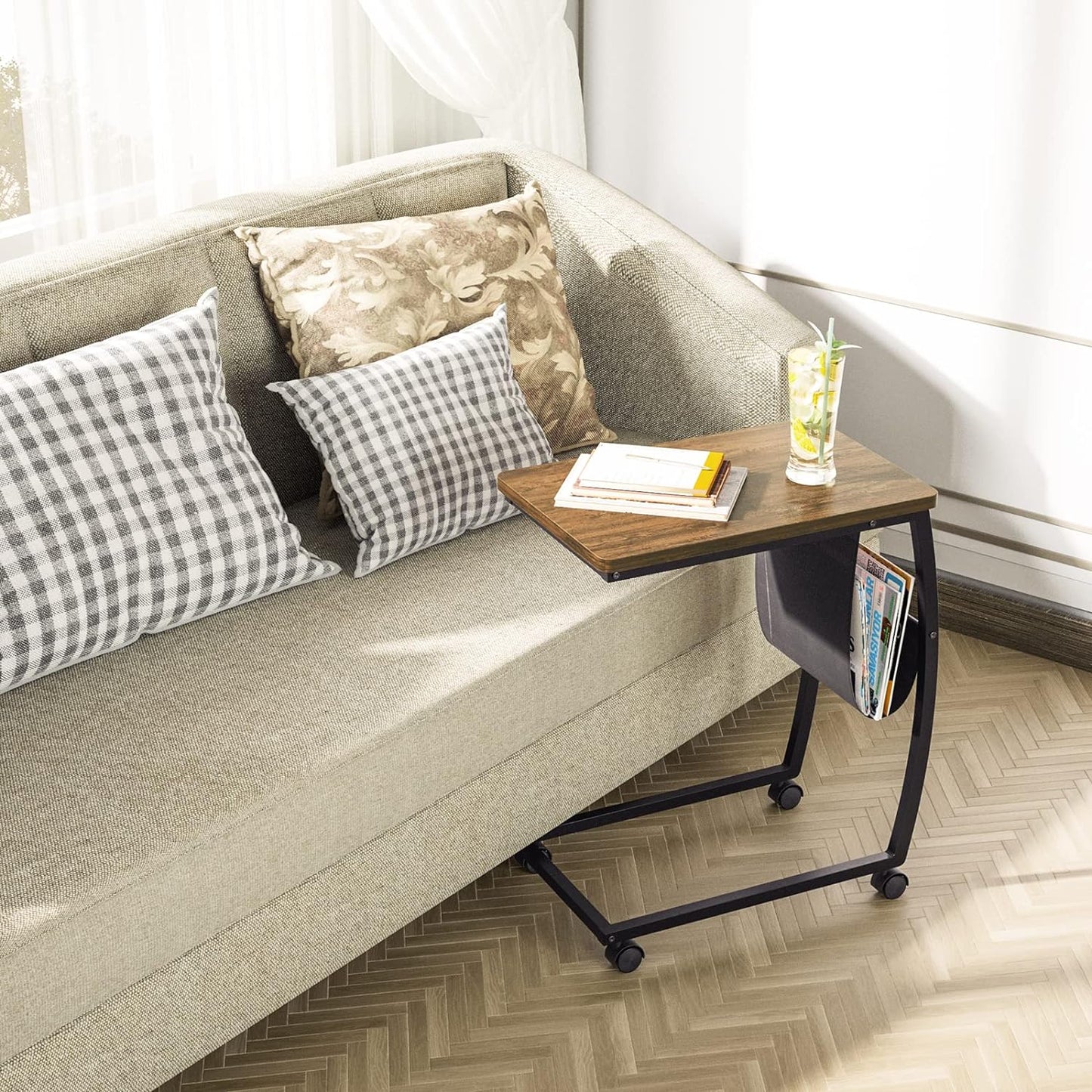 SRIWATANA Side Table End Table, Vintage C Shaped Couch Table with Side Pocket for Sofa Laptop Coffee Snack
