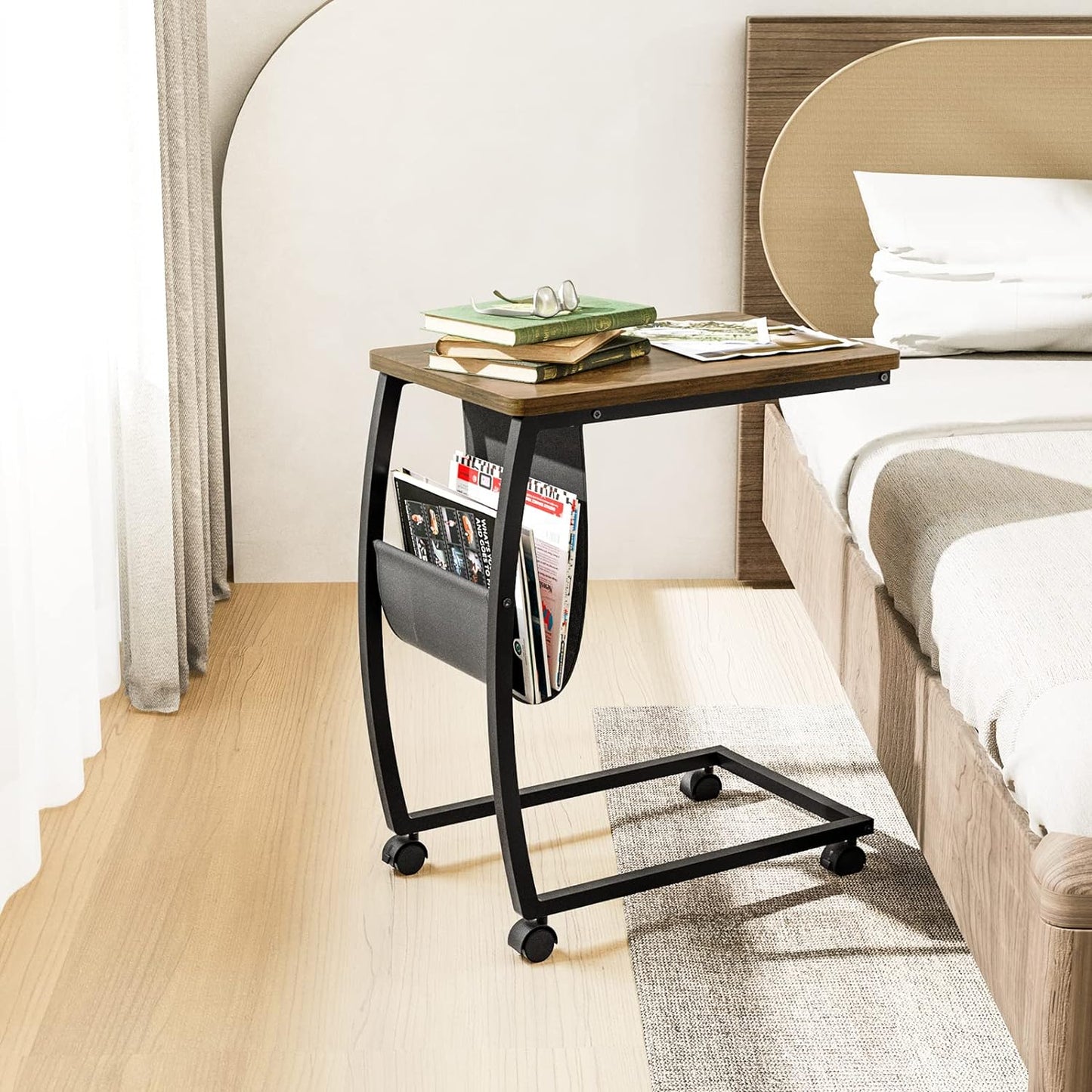 SRIWATANA Side Table End Table, Vintage C Shaped Couch Table with Side Pocket for Sofa Laptop Coffee Snack