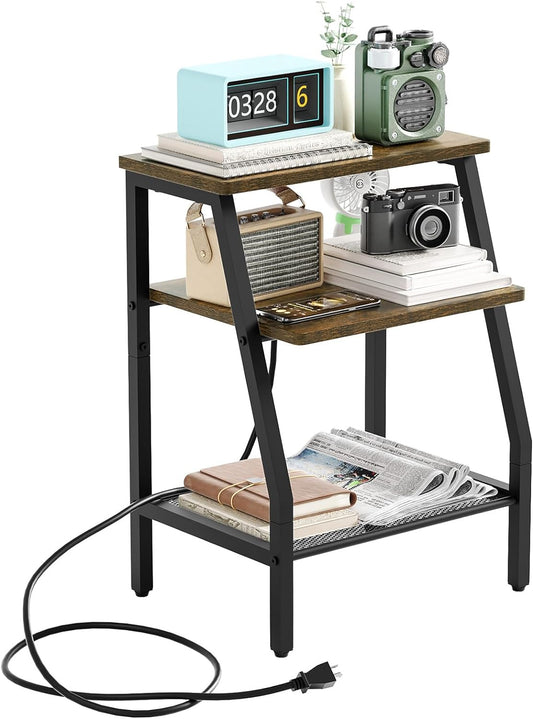 SRIWATANA End Table with Charging Station and USB Ports, Side Table with Storage Shelves, Nightstand for Small Spaces, Bedside Table for Bedroom