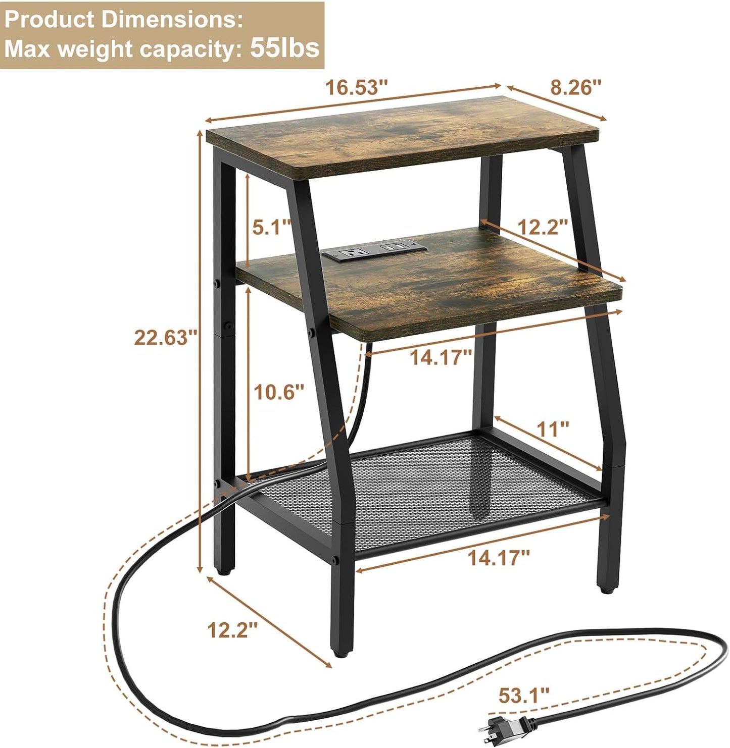 SRIWATANA End Table with Charging Station and USB Ports, Side Table with Storage Shelves, Nightstand for Small Spaces, Bedside Table for Bedroom