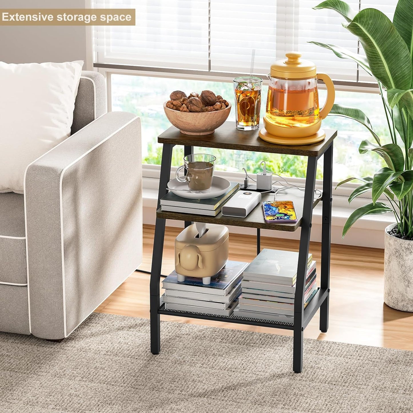 SRIWATANA End Table with Charging Station and USB Ports, Side Table with Storage Shelves, Nightstand for Small Spaces, Bedside Table for Bedroom