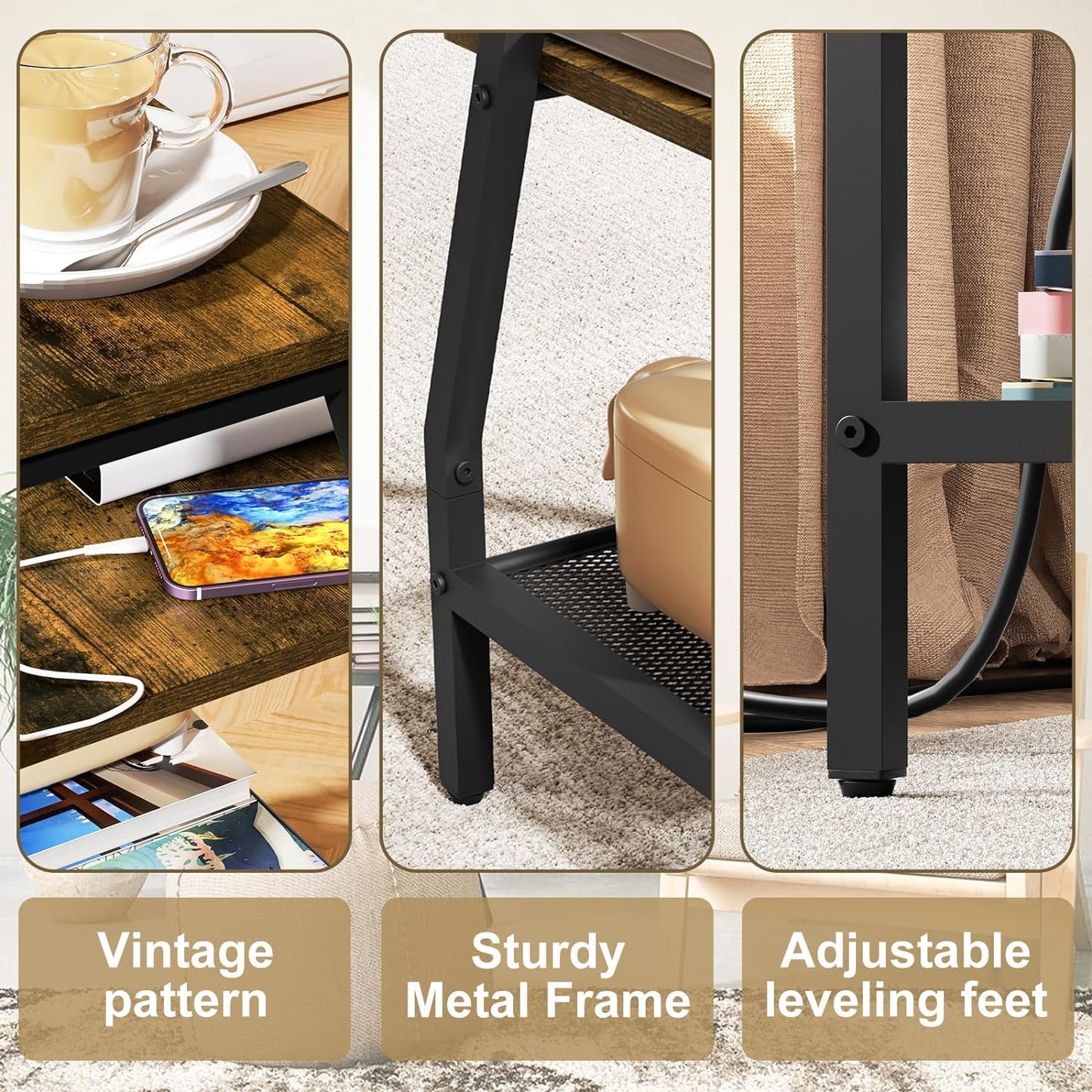 SRIWATANA End Table with Charging Station and USB Ports, Side Table with Storage Shelves, Nightstand for Small Spaces, Bedside Table for Bedroom