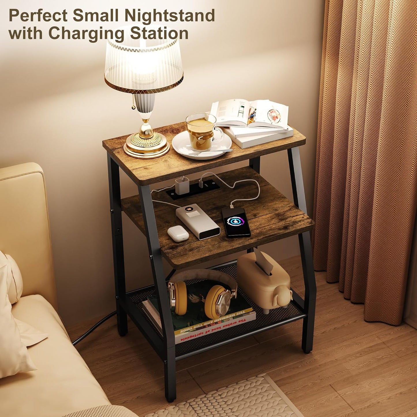 SRIWATANA End Table with Charging Station and USB Ports, Side Table with Storage Shelves, Nightstand for Small Spaces, Bedside Table for Bedroom