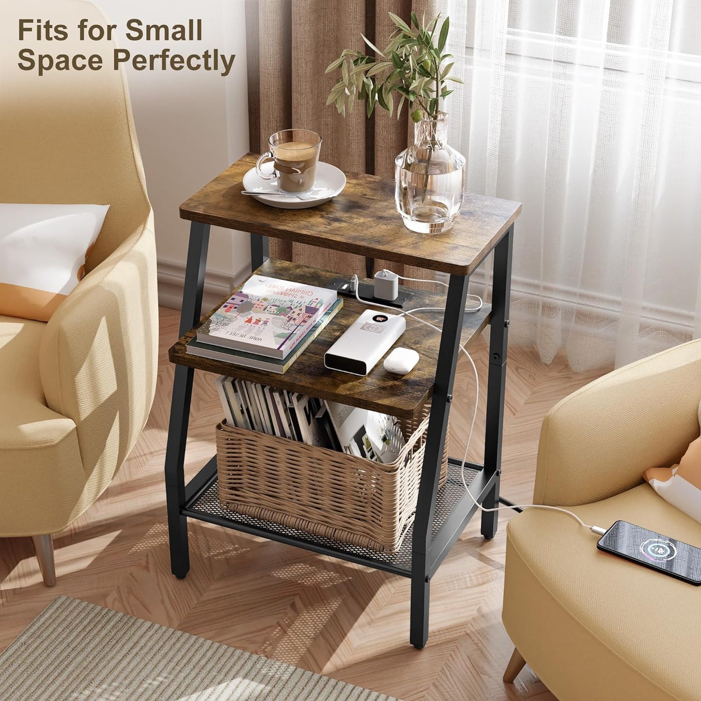 SRIWATANA End Table with Charging Station and USB Ports, Side Table with Storage Shelves, Nightstand for Small Spaces, Bedside Table for Bedroom