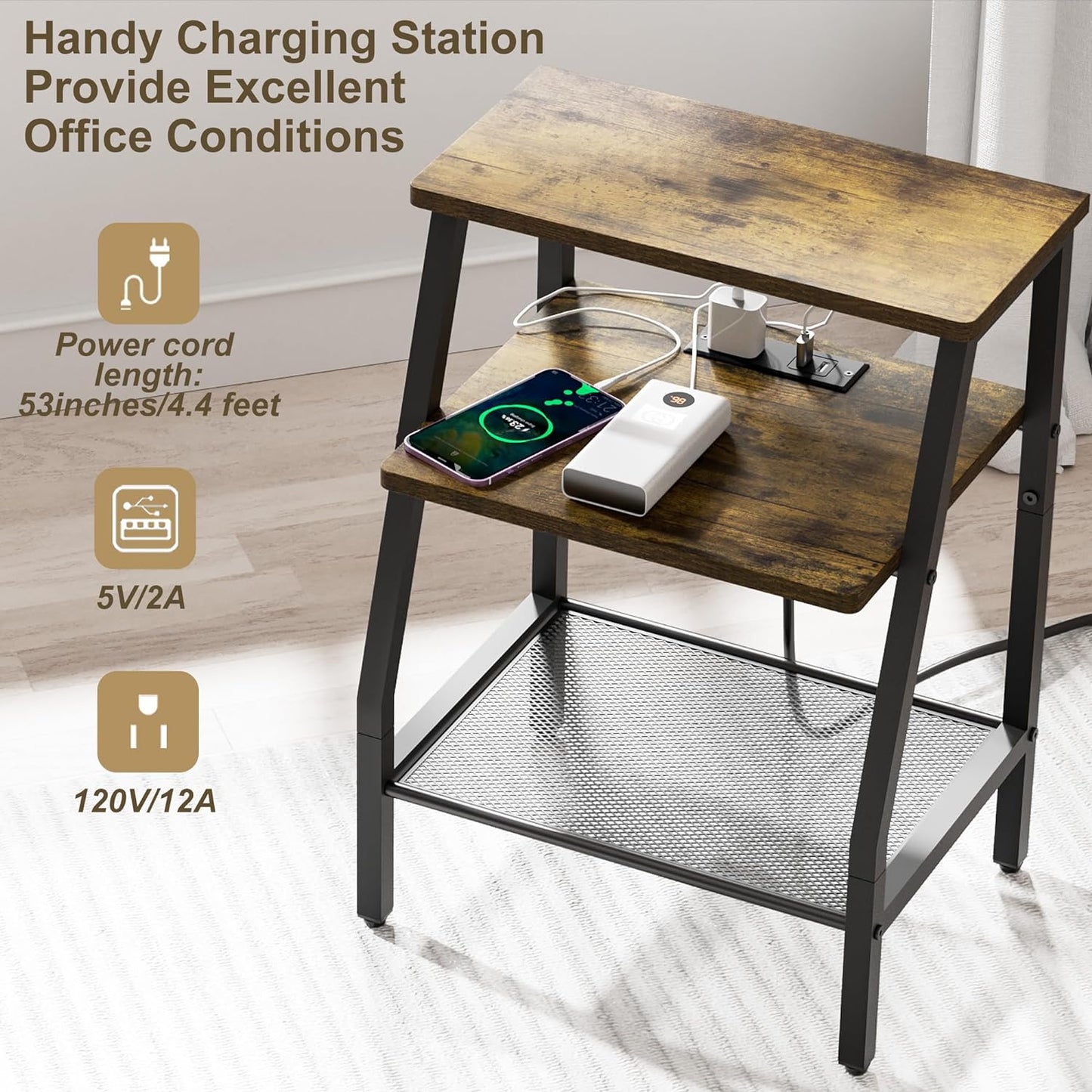 SRIWATANA End Table with Charging Station and USB Ports, Side Table with Storage Shelves, Nightstand for Small Spaces, Bedside Table for Bedroom