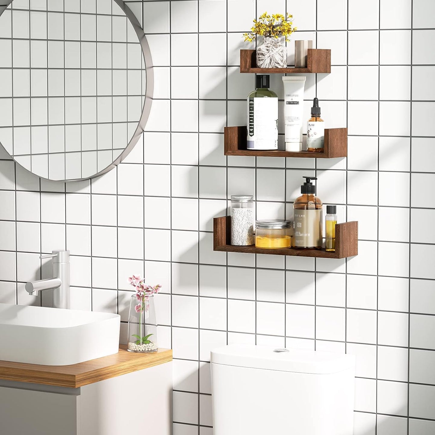 SRIWATANA Floating Shelves Wall Mounted, Solid Wood Wall Shelves