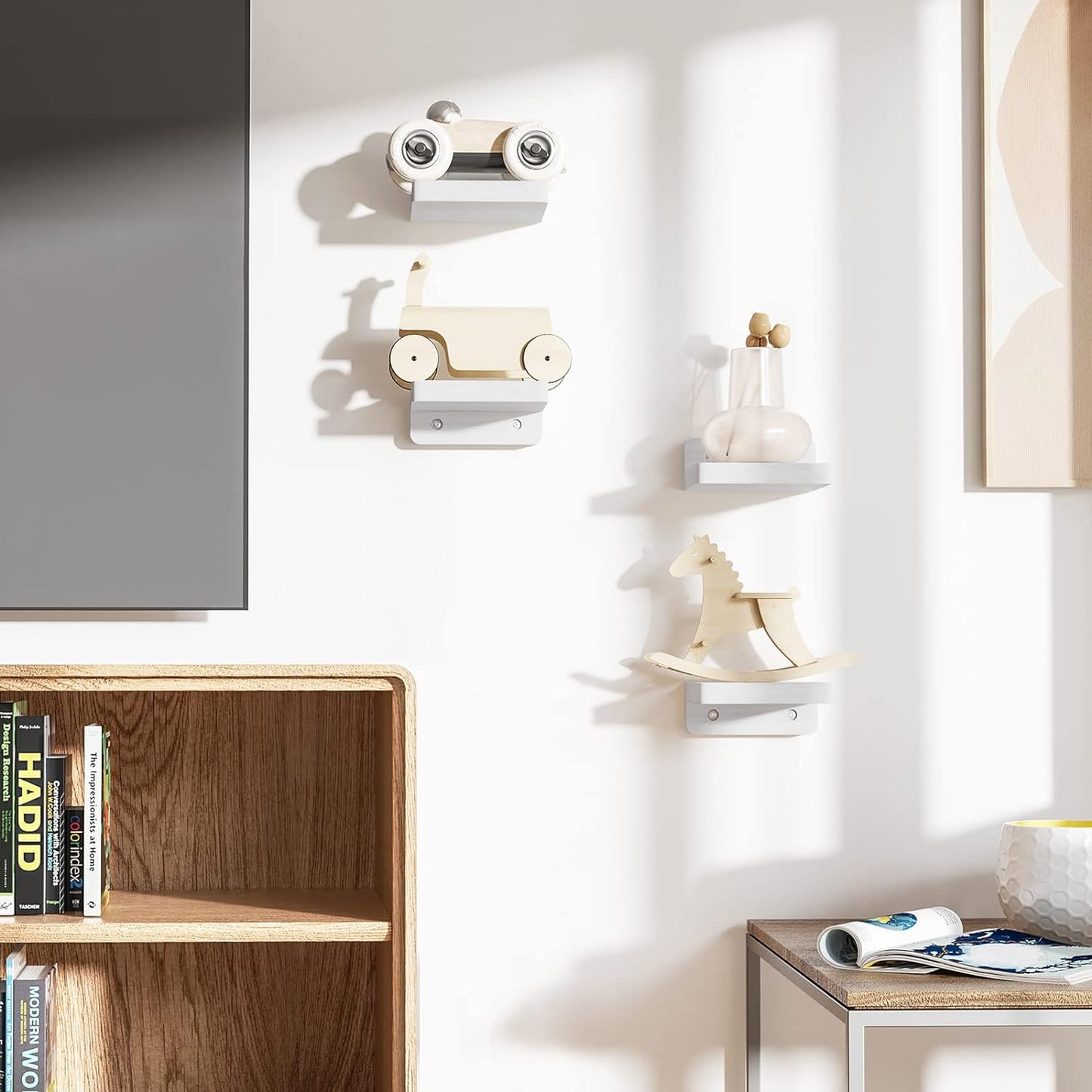 SRIWATANA Small Floating Shelves Wall Mounted, 4 Inch Wood Shelf for Decoration and Storage Set of 4, Mini Display Shelf for Bedroom, Bathroom, Kitchen, Office