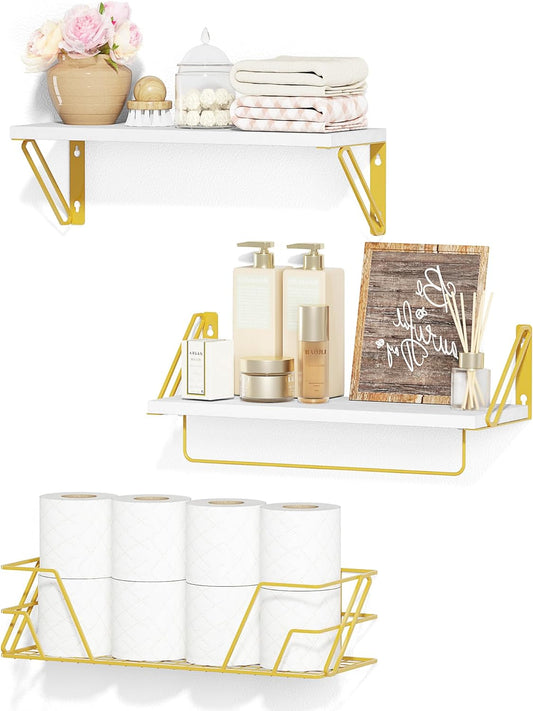 SRIWATANA 2+1 Floating Shelves for Wall, Bathroom Shelves Over Toilet with Metal Bar, Wall Shelves with Storage Wire Basket, Wood Shelves for Bedroom, Living Room, Kitchen