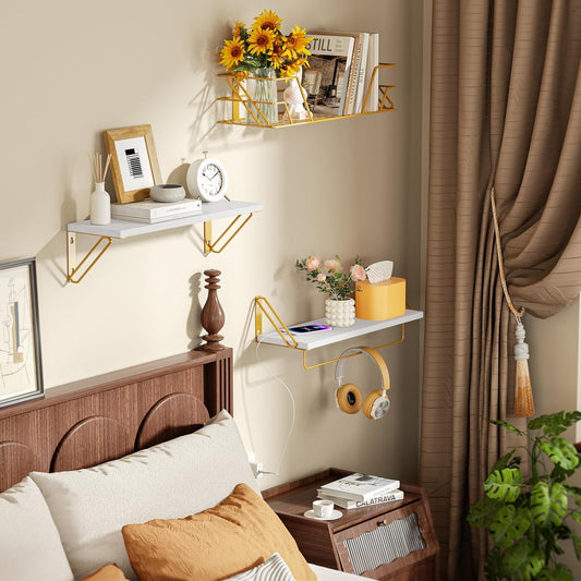 SRIWATANA 2+1 Floating Shelves for Wall, Bathroom Shelves Over Toilet with Metal Bar, Wall Shelves with Storage Wire Basket, Wood Shelves for Bedroom, Living Room, Kitchen