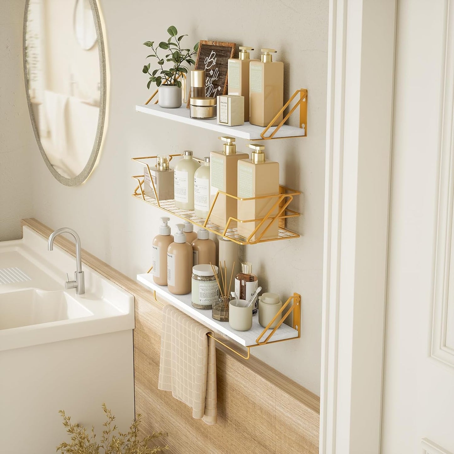 SRIWATANA 2+1 Floating Shelves for Wall, Bathroom Shelves Over Toilet with Metal Bar, Wall Shelves with Storage Wire Basket, Wood Shelves for Bedroom, Living Room, Kitchen