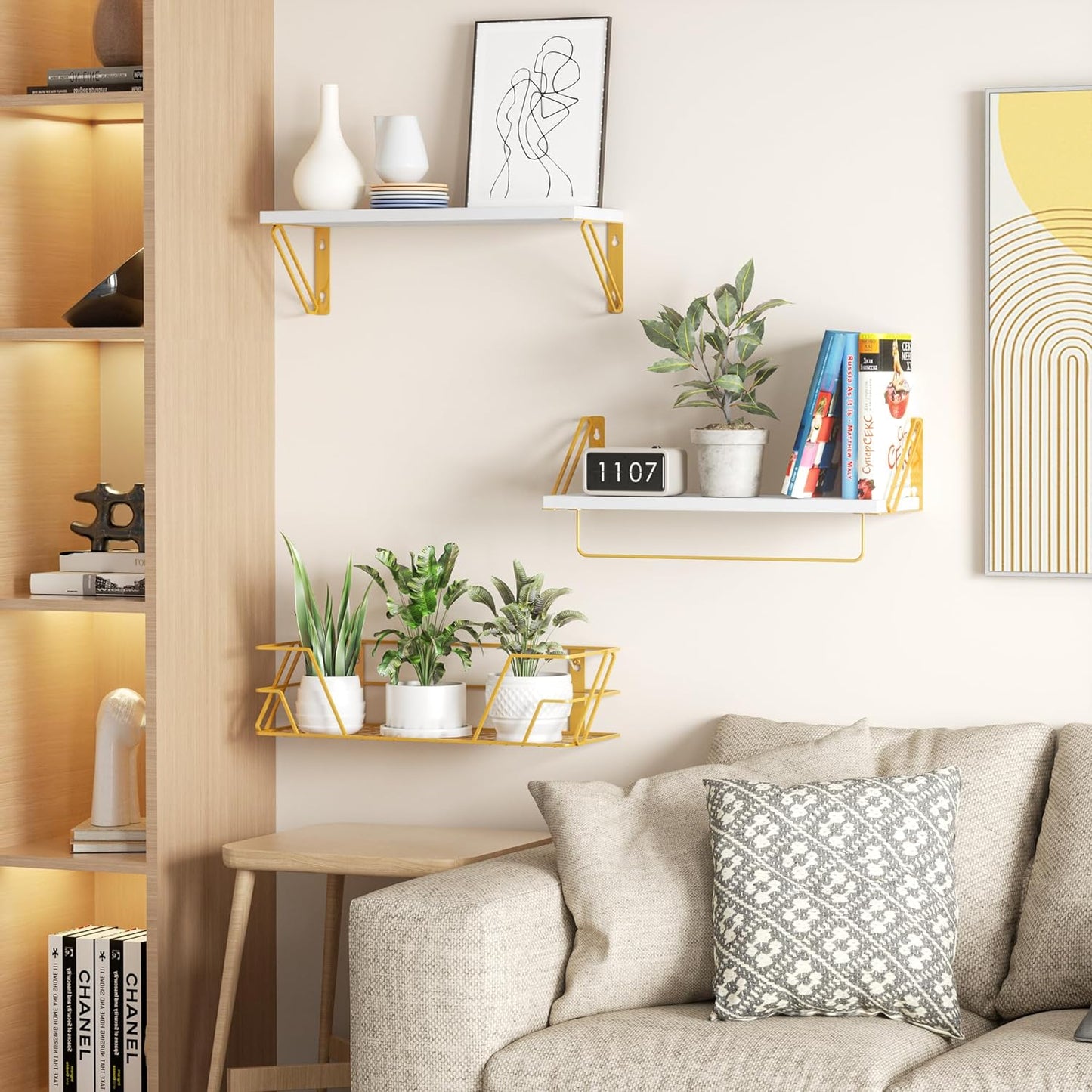 SRIWATANA 2+1 Floating Shelves for Wall, Bathroom Shelves Over Toilet with Metal Bar, Wall Shelves with Storage Wire Basket, Wood Shelves for Bedroom, Living Room, Kitchen