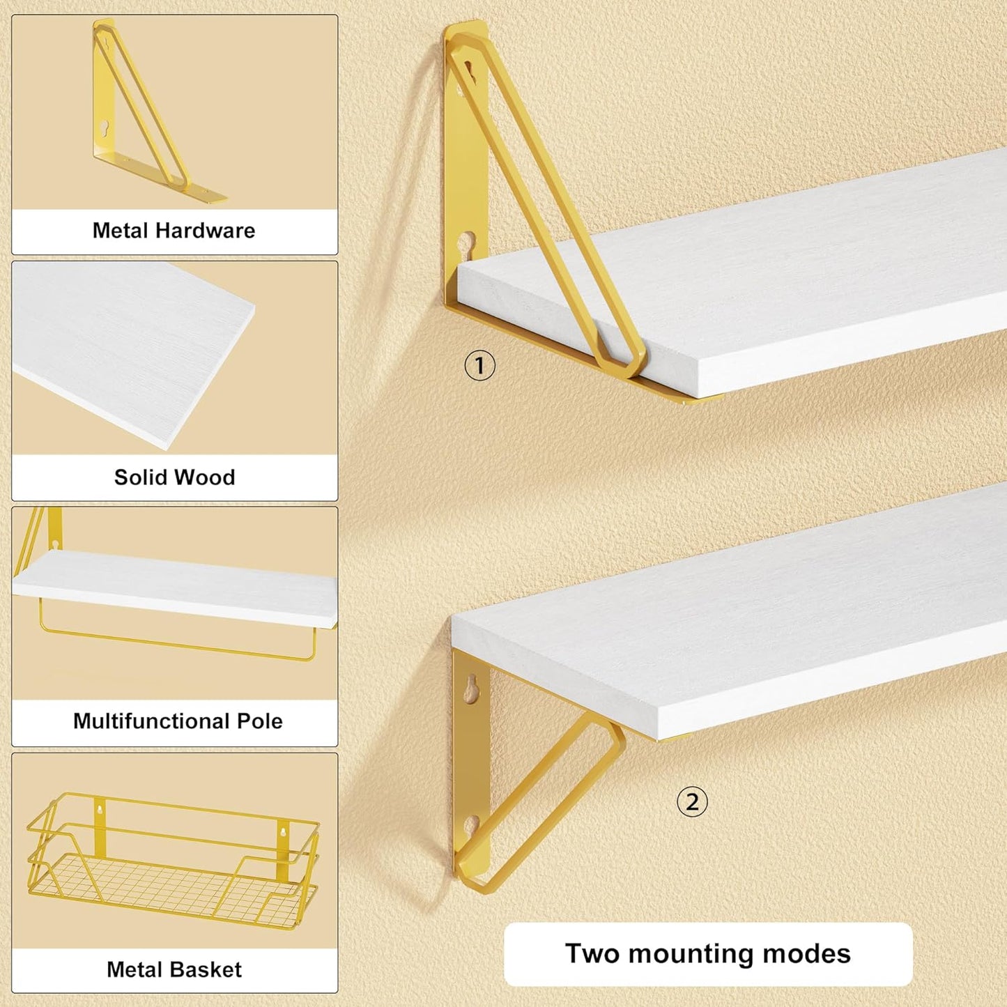 SRIWATANA 2+1 Floating Shelves for Wall, Bathroom Shelves Over Toilet with Metal Bar, Wall Shelves with Storage Wire Basket, Wood Shelves for Bedroom, Living Room, Kitchen