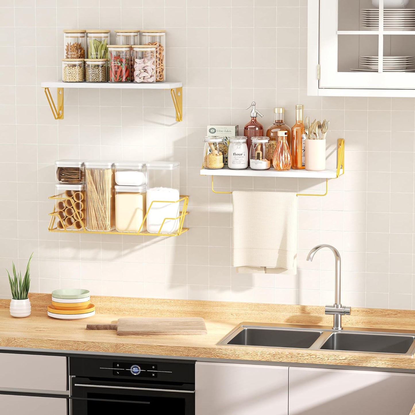 SRIWATANA 2+1 Floating Shelves for Wall, Bathroom Shelves Over Toilet with Metal Bar, Wall Shelves with Storage Wire Basket, Wood Shelves for Bedroom, Living Room, Kitchen