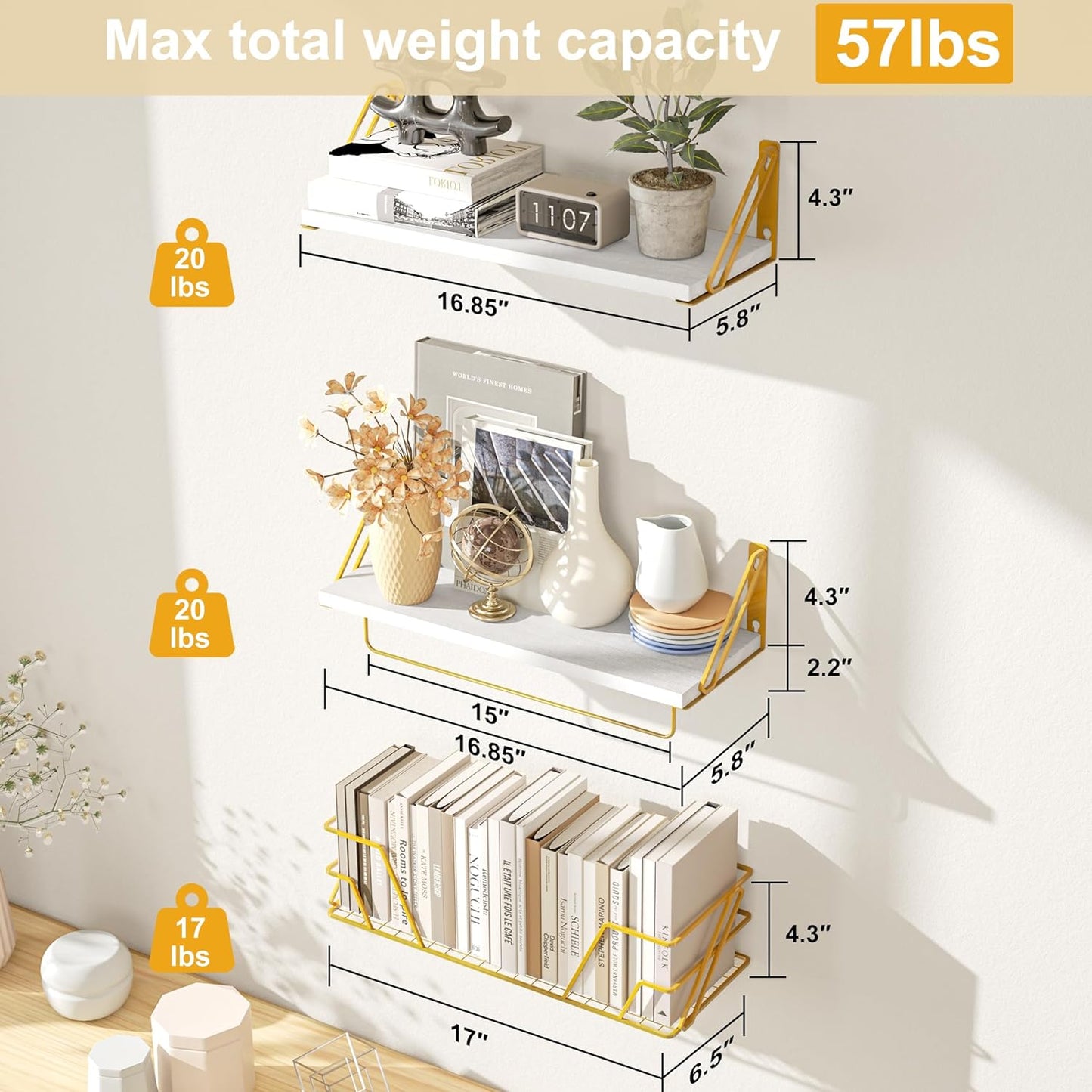 SRIWATANA 2+1 Floating Shelves for Wall, Bathroom Shelves Over Toilet with Metal Bar, Wall Shelves with Storage Wire Basket, Wood Shelves for Bedroom, Living Room, Kitchen