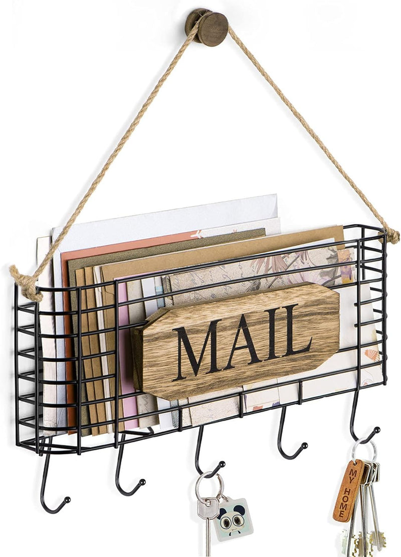 SRIWATANA Mail Organizer Wall Mount, Rustic Mail Holder Key Holder for Wall with Hooks, Small Size