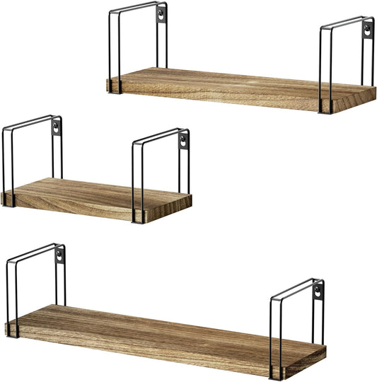SRIWATANA Rustic Floating Shelves, Hanging Shelves Wall Mount Set of 3, 17 Inch Wood Shelves for Decor, Bedroom, Bathroom, Laundry Room, Living Room, Kitchen