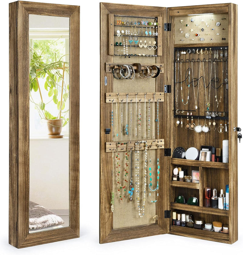 SRIWATANA Jewelry Armoire Cabinet, Solid Wood Jewelry Organizer with Full Length Mirror Wall/Door Mounted