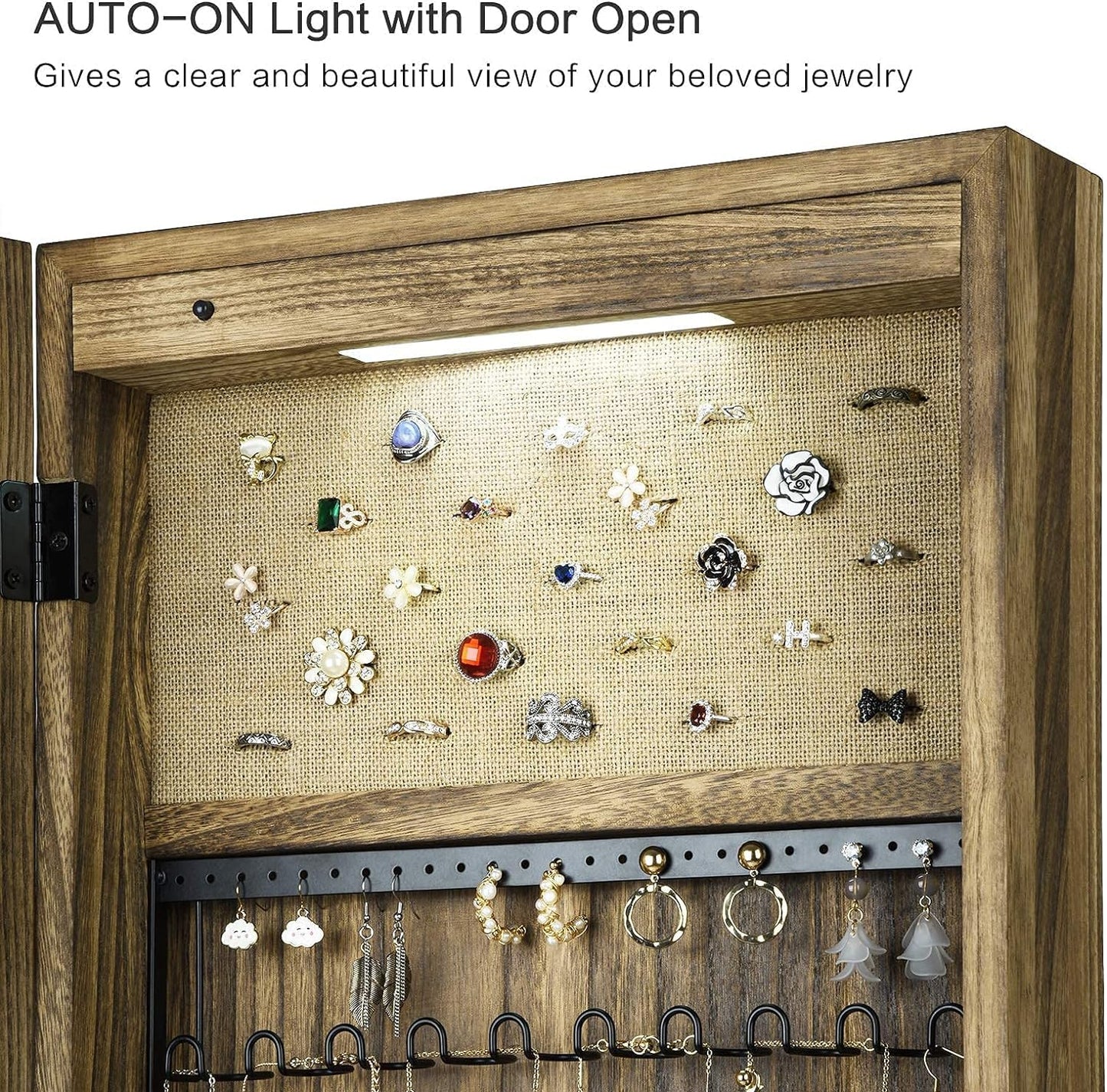 SRIWATANA Jewelry Armoire Cabinet, Solid Wood Jewelry Organizer with Full Length Mirror Wall/Door Mounted