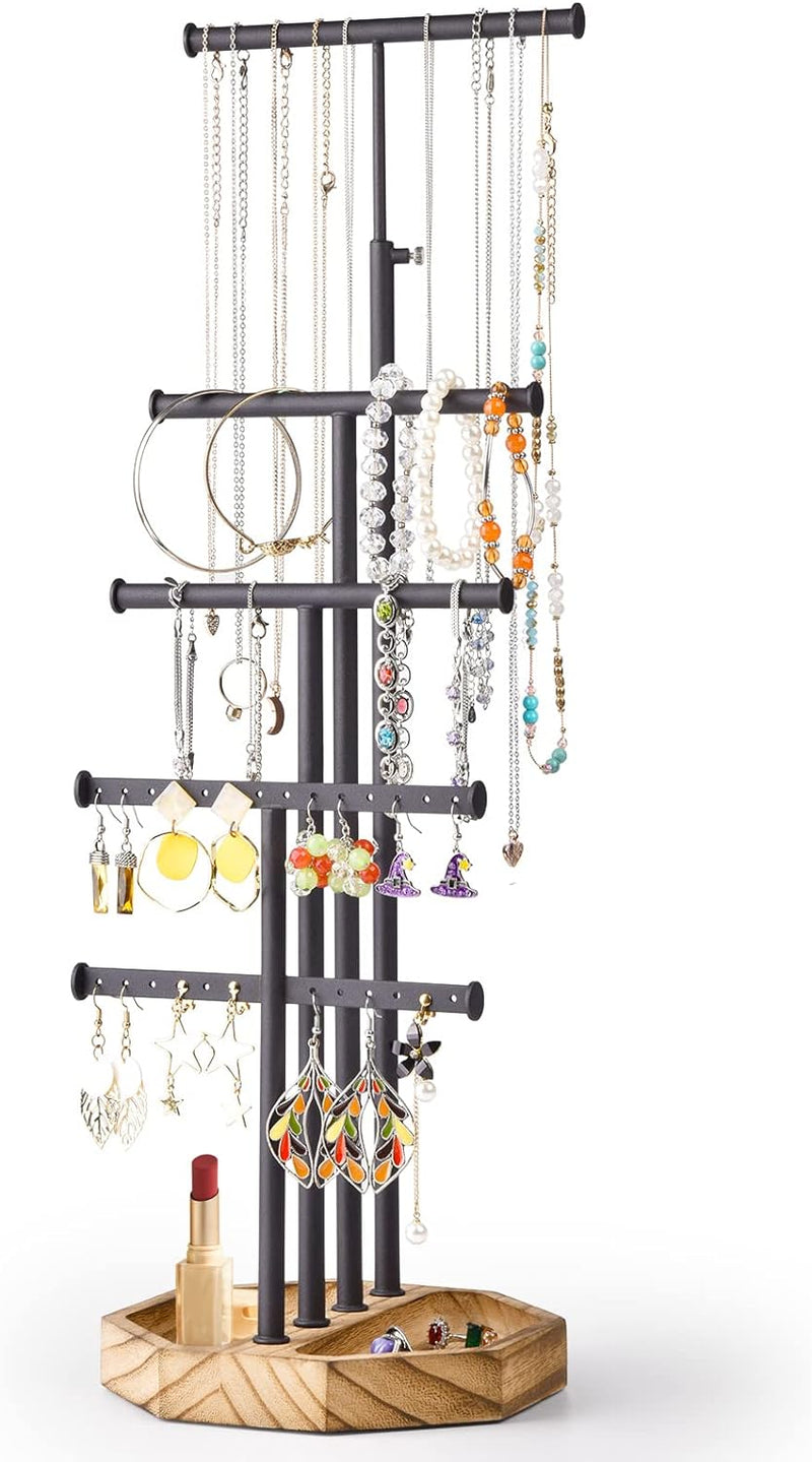 SRIWATANA Jewelry Organizer Stand, 5 Tier Necklace Holder Bracelet Earring Holder Jewelry Display Stand Large Storage with Wood Base