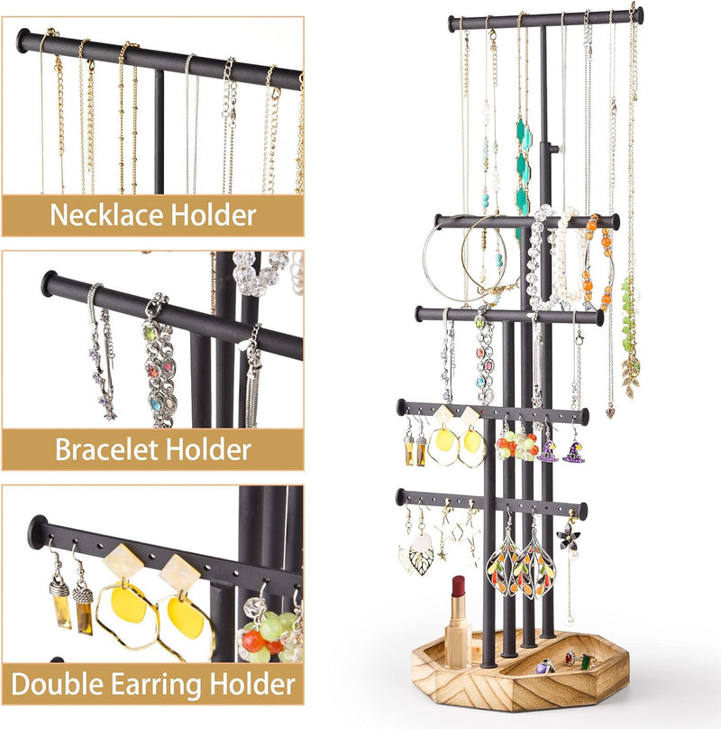 SRIWATANA Jewelry Organizer Stand, 5 Tier Necklace Holder Bracelet Earring Holder Jewelry Display Stand Large Storage with Wood Base