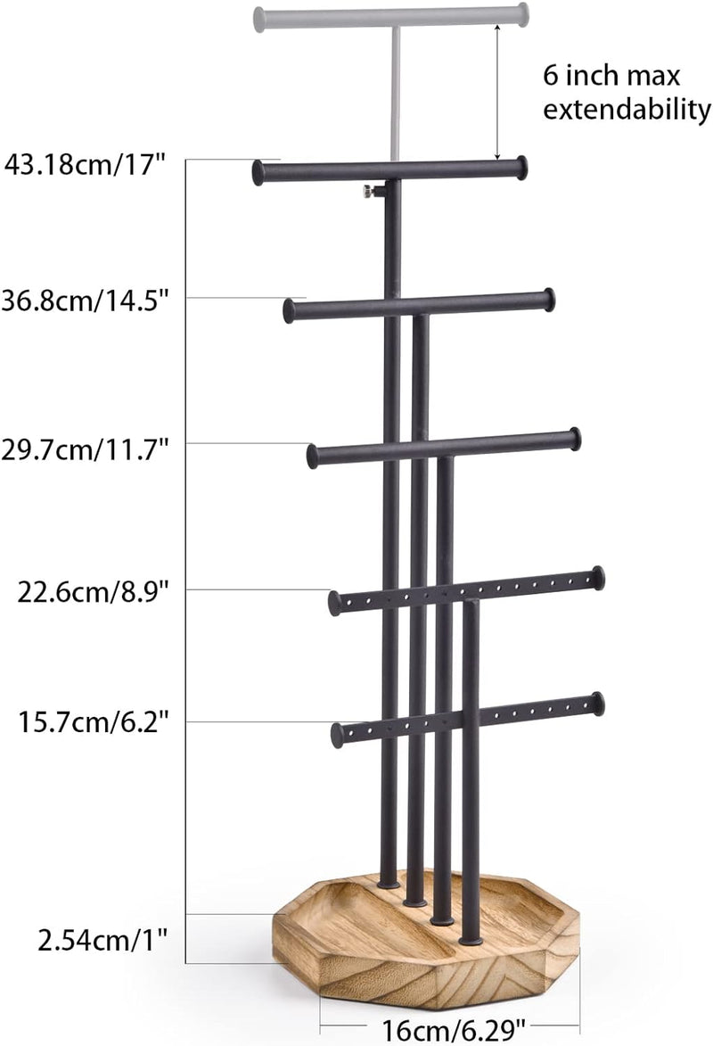 SRIWATANA Jewelry Organizer Stand, 5 Tier Necklace Holder Bracelet Earring Holder Jewelry Display Stand Large Storage with Wood Base