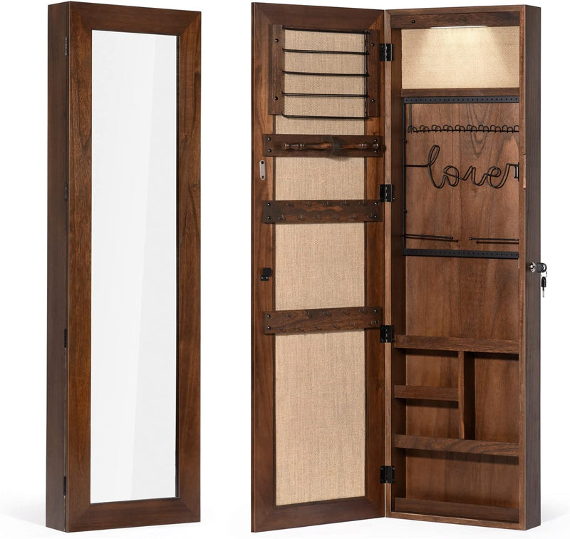 SRIWATANA Jewelry Armoire Cabinet, Solid Wood Jewelry Organizer with Full Length Mirror Wall/Door Mounted