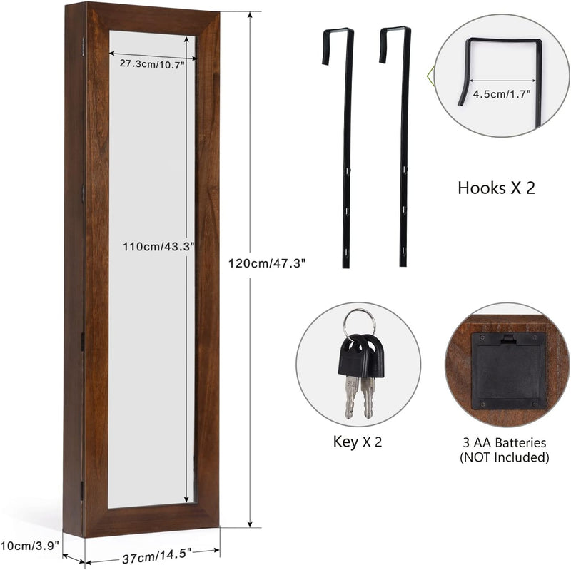 SRIWATANA Jewelry Armoire Cabinet, Solid Wood Jewelry Organizer with Full Length Mirror Wall/Door Mounted