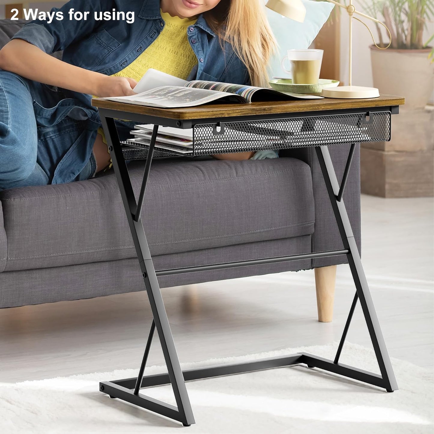 SRIWATANA End Table, Side Table for Bed, Couch and Sofa, Larger Desktop Z Table with Storage Shelf for Living Room, Bedroom