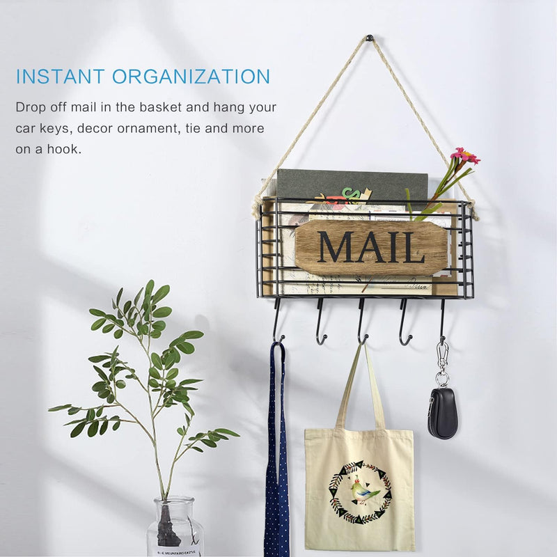 SRIWATANA Mail Organizer Wall Mount, Rustic Mail Holder Key Holder for Wall with Hooks, Small Size