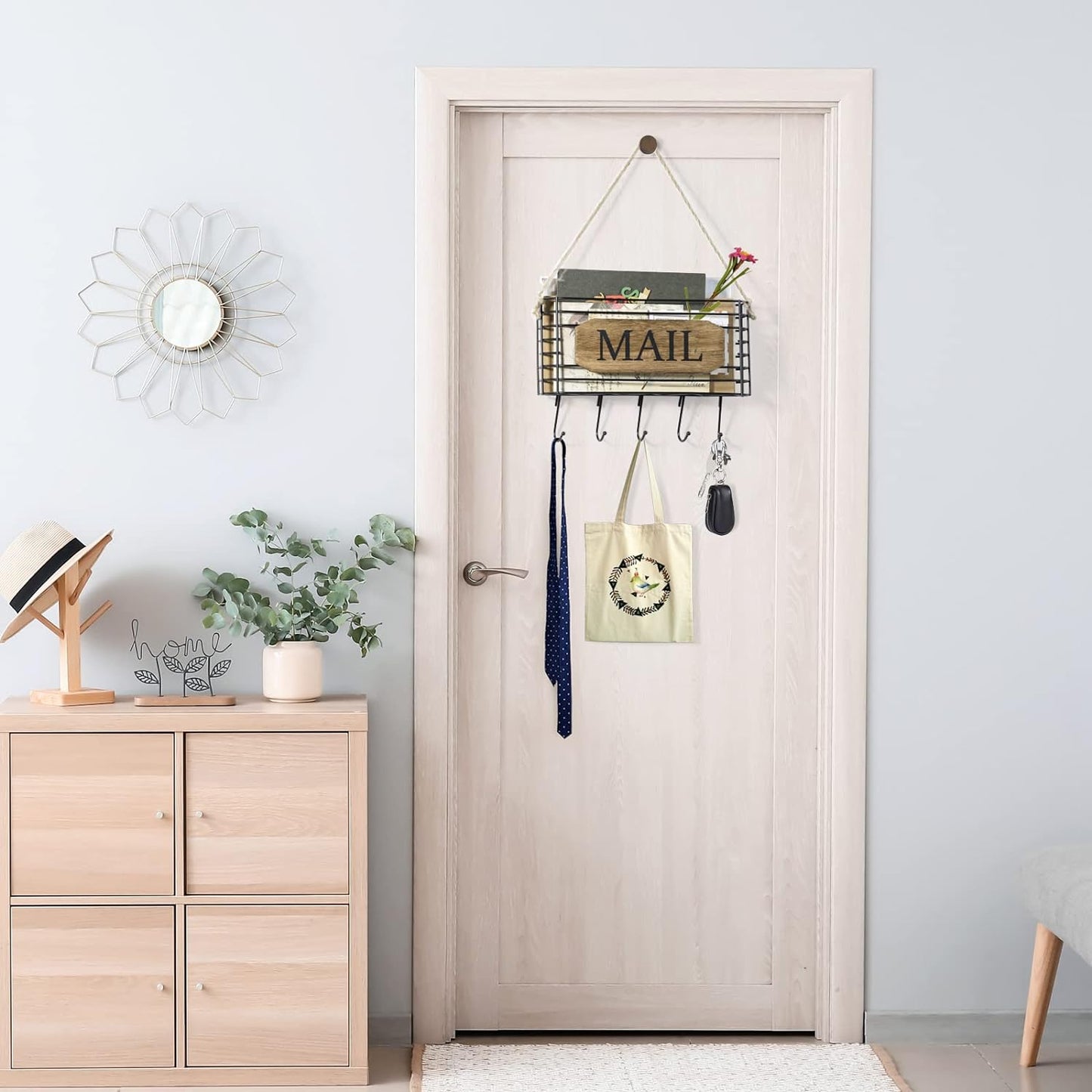 SRIWATANA Mail Organizer Wall Mount, Rustic Mail Holder Key Holder for Wall with Hooks, Small Size