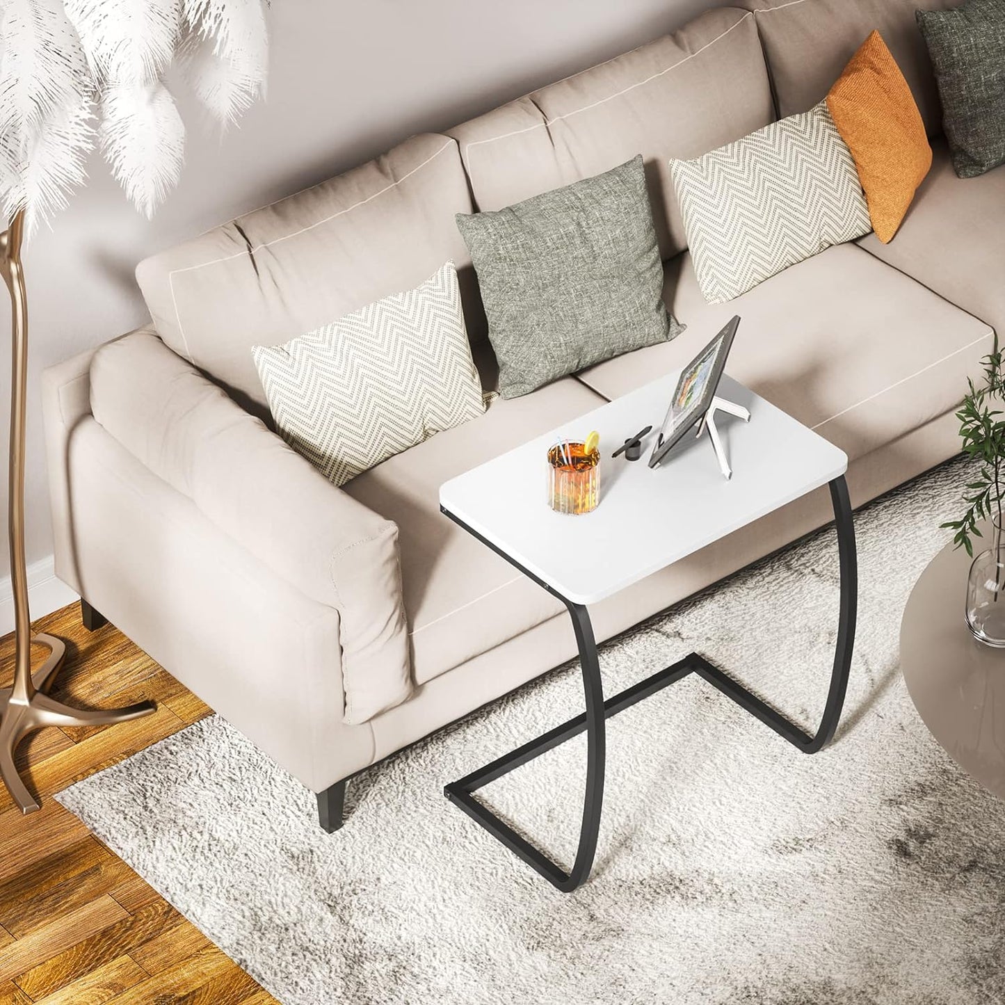 SRIWATANA Side Table, End Table, Vintage C-Shaped Couch Table for Sofa Laptop Coffee Snack