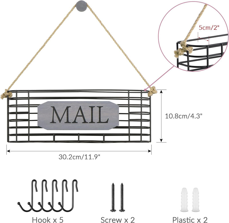 SRIWATANA Mail Organizer Wall Mount, Rustic Mail Holder Key Holder for Wall with Hooks, Small Size