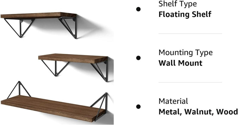 SRIWATANA Floating Shelves Wall Mounted, Rustic Wall Shelves for Bedroom, Bathroom, Living Room, Kitchen Set of 3