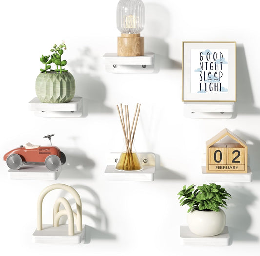SRIWATANA Small Floating Shelves Wall Mounted, 4 Inch Wood Shelf for Decoration and Storage Set of 8, Mini Display Shelf for Bedroom, Bathroom, Kitchen, Office