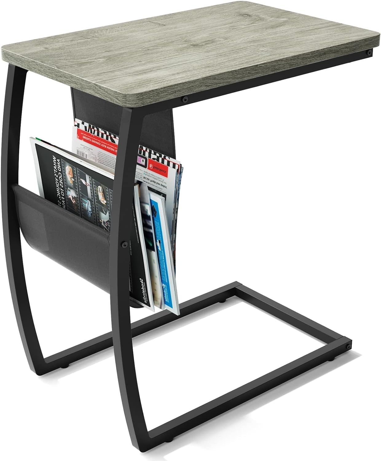 SRIWATANA Side Table End Table, Vintage C Shaped Couch Table with Side Pocket for Sofa Laptop Coffee Snack