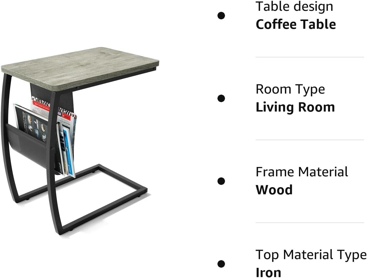 SRIWATANA Side Table End Table, Vintage C Shaped Couch Table with Side Pocket for Sofa Laptop Coffee Snack
