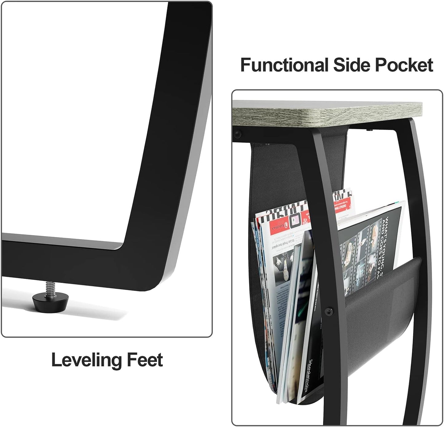 SRIWATANA Side Table End Table, Vintage C Shaped Couch Table with Side Pocket for Sofa Laptop Coffee Snack