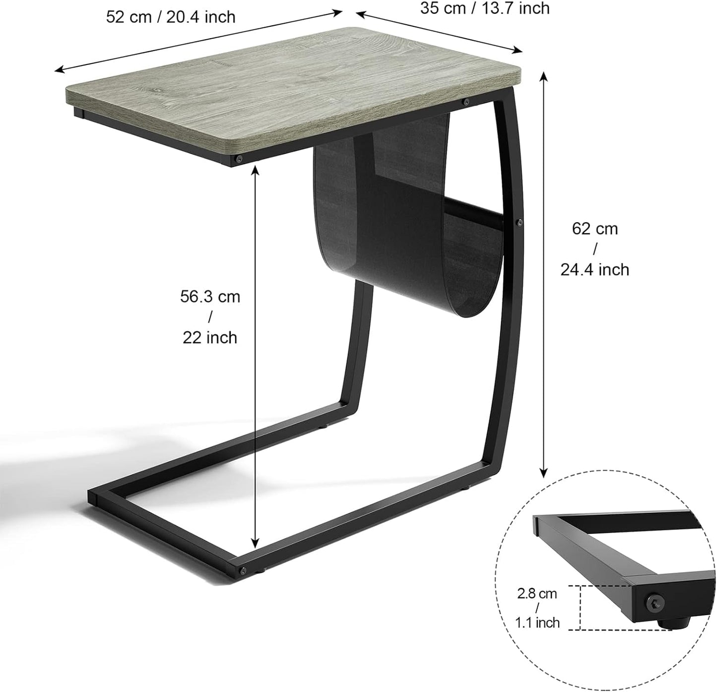 SRIWATANA Side Table End Table, Vintage C Shaped Couch Table with Side Pocket for Sofa Laptop Coffee Snack
