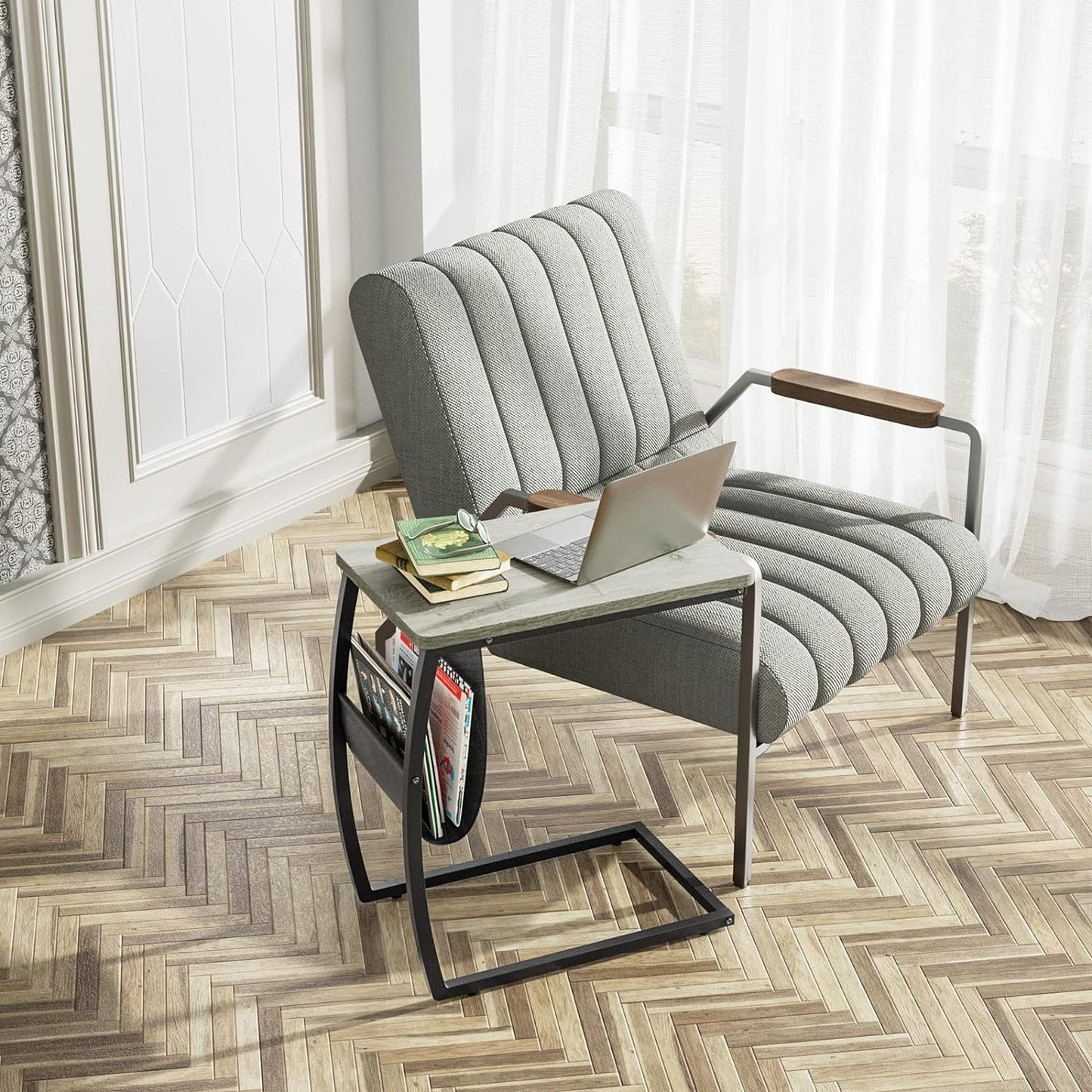 SRIWATANA Side Table End Table, Vintage C Shaped Couch Table with Side Pocket for Sofa Laptop Coffee Snack