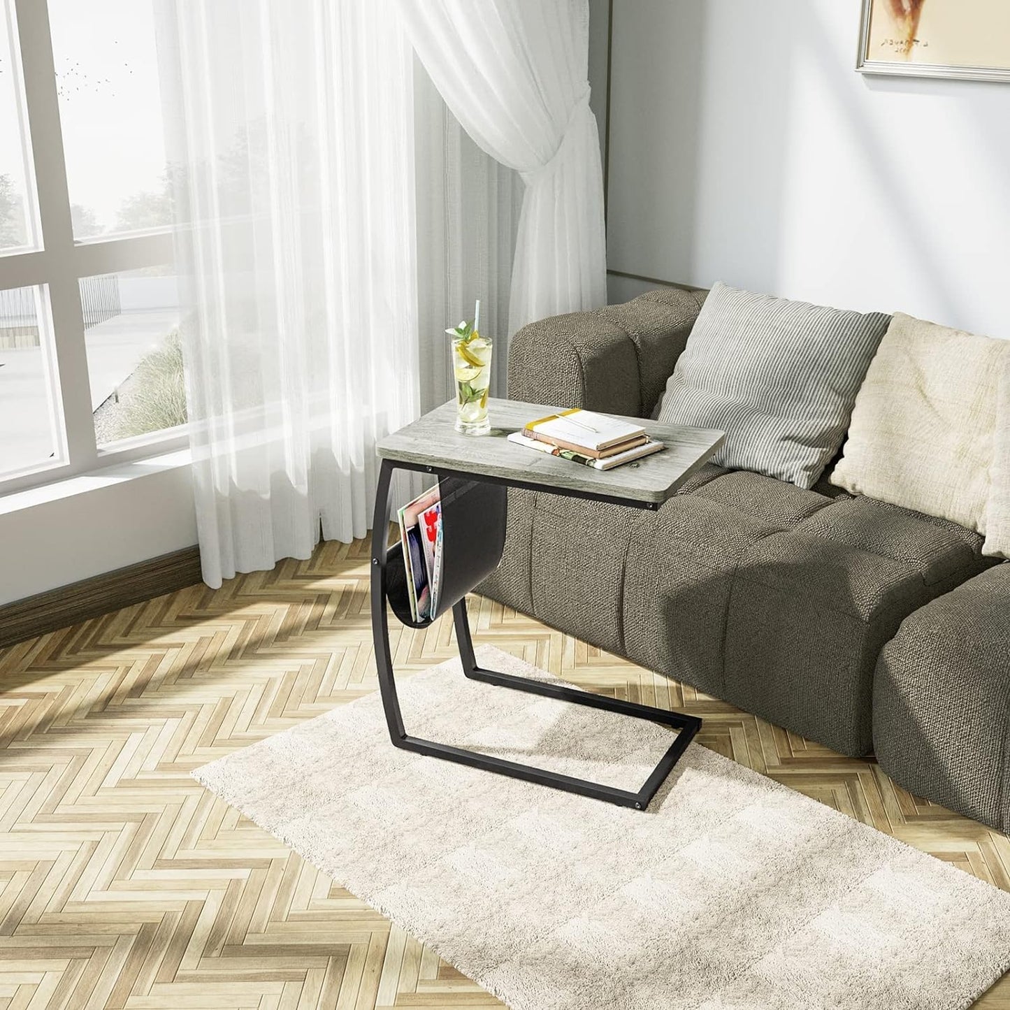 SRIWATANA Side Table End Table, Vintage C Shaped Couch Table with Side Pocket for Sofa Laptop Coffee Snack