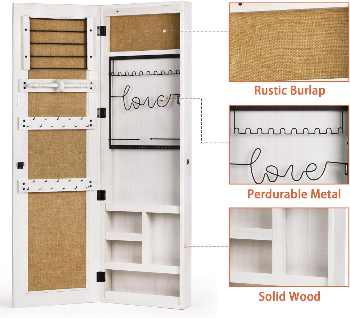SRIWATANA Jewelry Armoire Cabinet, Solid Wood Jewelry Organizer with Full Length Mirror Wall/Door Mounted