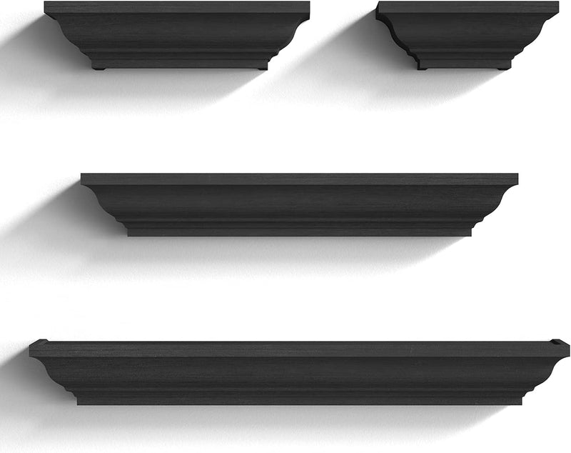 SRIWATANA Black Floating Shelves, Solid Wood Storage Wall Shelves Set of 4 Display Ledge Shelves Decor for Bedroom, Living Room, Bathroom, Kitchen