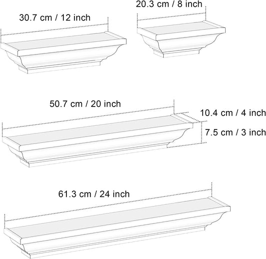 SRIWATANA Black Floating Shelves, Solid Wood Storage Wall Shelves Set of 4 Display Ledge Shelves Decor for Bedroom, Living Room, Bathroom, Kitchen