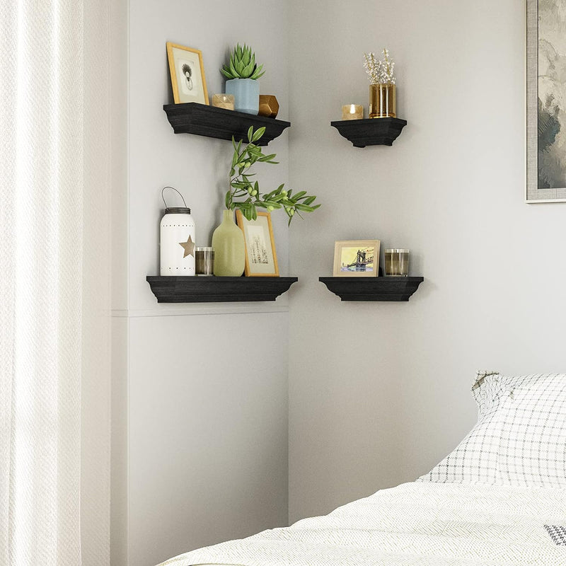 SRIWATANA Black Floating Shelves, Solid Wood Storage Wall Shelves Set of 4 Display Ledge Shelves Decor for Bedroom, Living Room, Bathroom, Kitchen