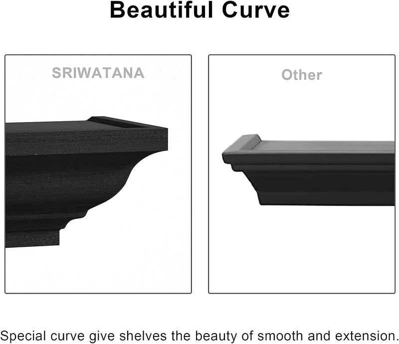 SRIWATANA Black Floating Shelves, Solid Wood Storage Wall Shelves Set of 4 Display Ledge Shelves Decor for Bedroom, Living Room, Bathroom, Kitchen