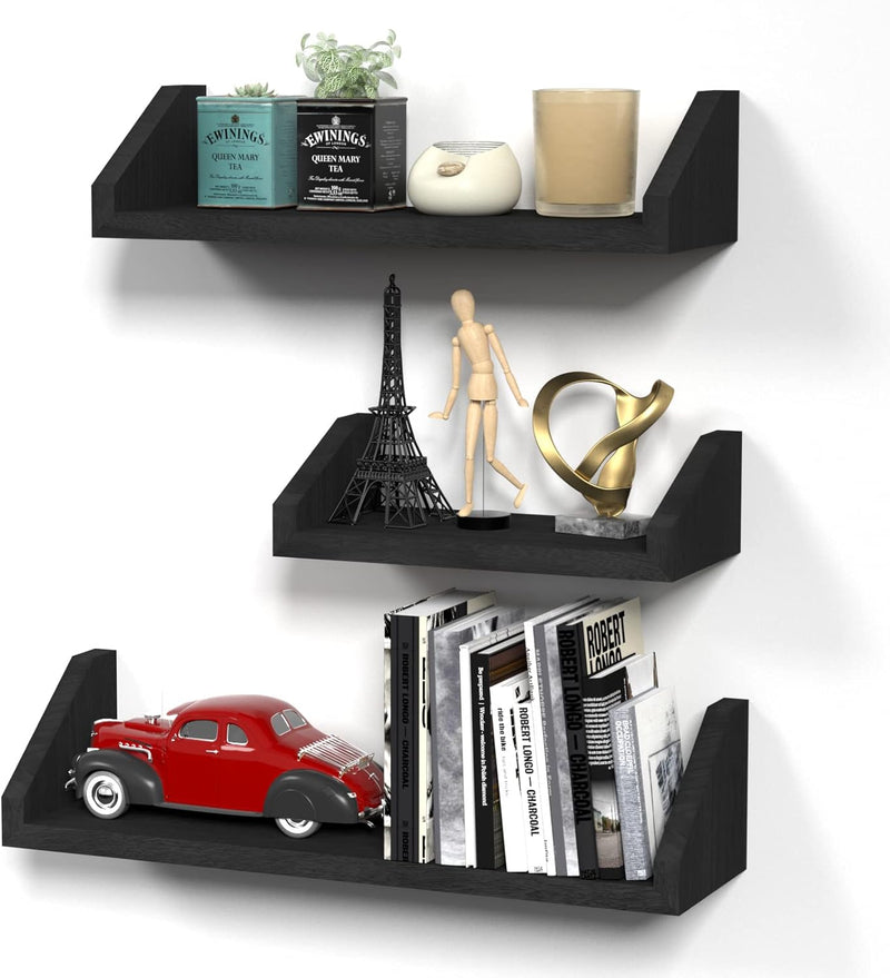 SRIWATANA Floating Shelves Wall Mounted Set of 3, Solid Wood Wall Shelf Display Ledge Storage Shelves for Living Room Kitchen Bathroom