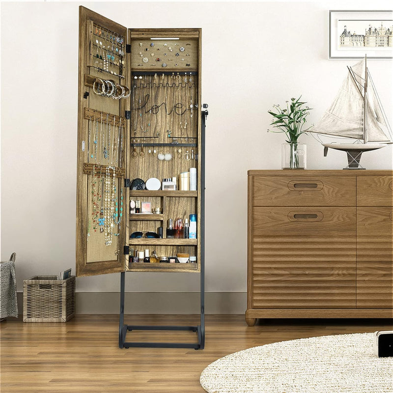 SRIWATANA Jewelry Armoire Cabinet, Solid Wood Standing Jewelry Organizer with Full Length Mirror