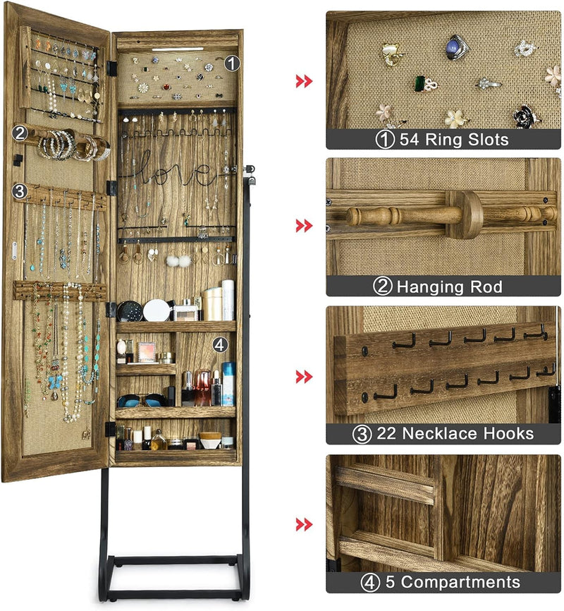 SRIWATANA Jewelry Armoire Cabinet, Solid Wood Standing Jewelry Organizer with Full Length Mirror