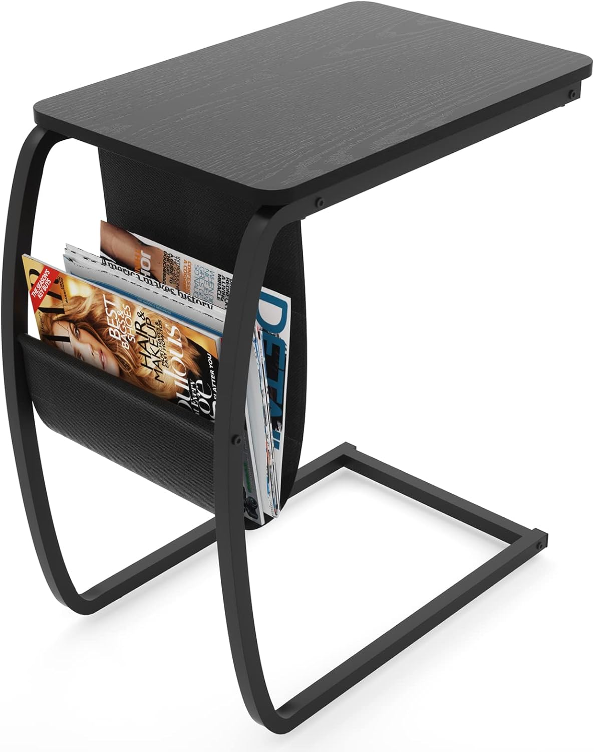 SRIWATANA Side Table End Table, Vintage C Shaped Couch Table with Side Pocket for Sofa Laptop Coffee Snack