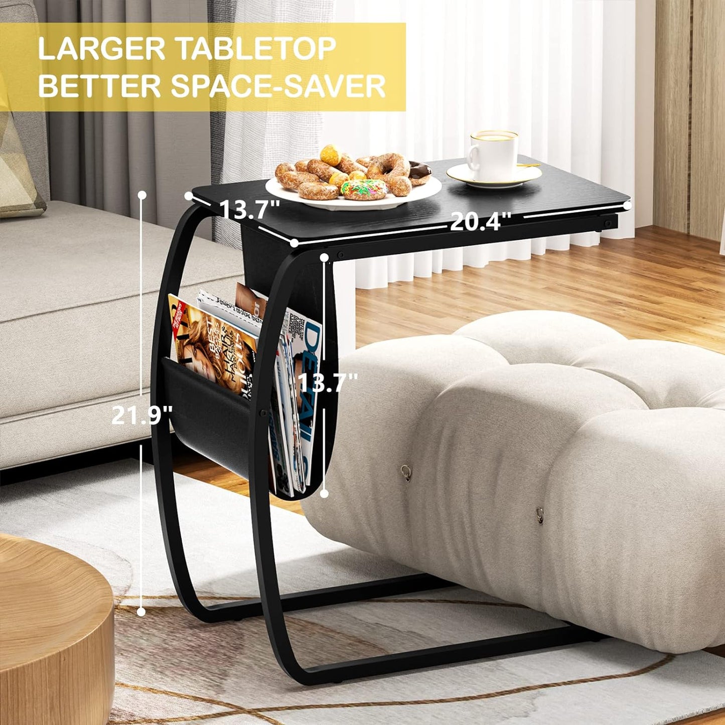 SRIWATANA Side Table End Table, Vintage C Shaped Couch Table with Side Pocket for Sofa Laptop Coffee Snack
